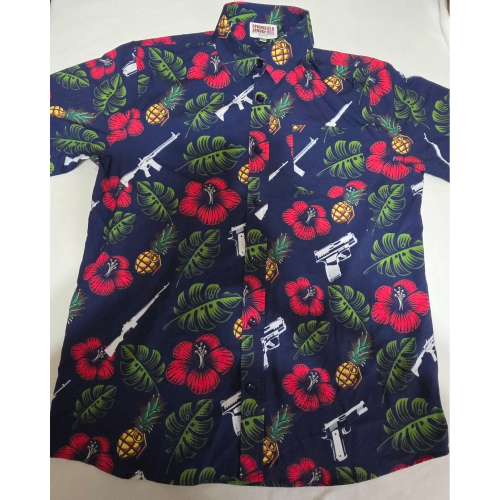 Springfield Armory Mens 2XL Tropical Floral Gun Print Button‎ Down Party Shirt